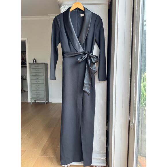 Eliza J Dress Sz 6 Black Satin Trim Wrap Evening Gown Long Sleeve Formal NWOT - Picture 4 of 16